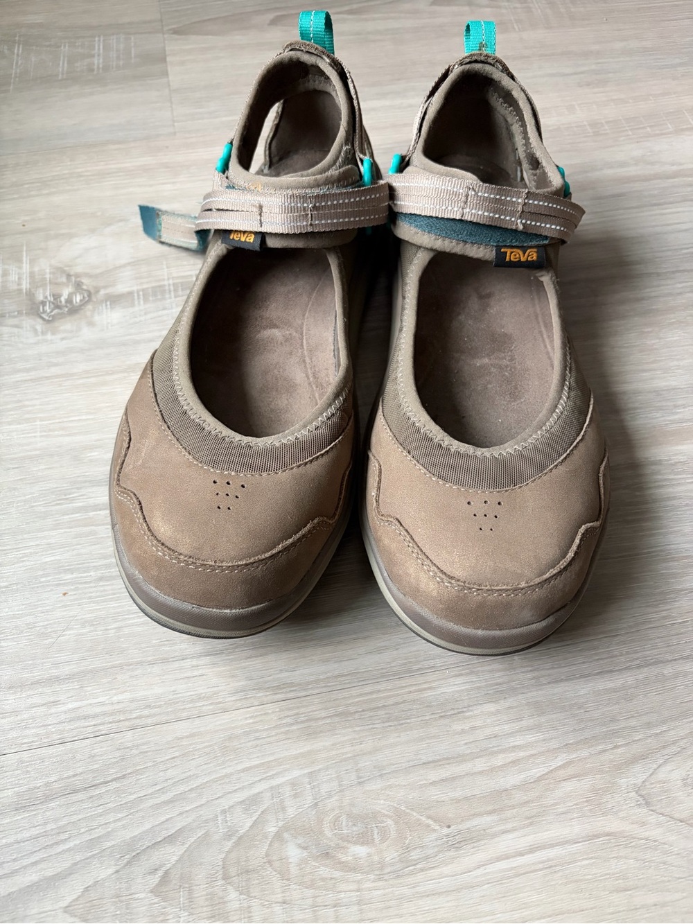 Teva Brown Mary Jane Sandals with Teal Pull Tabs